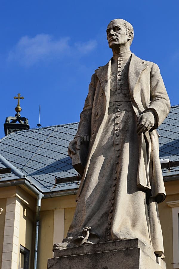 Statue of Andrej Kmet, slovak priest, scholar, geologist, archeologist and poet in Banska Stiavnica, central Slovakia