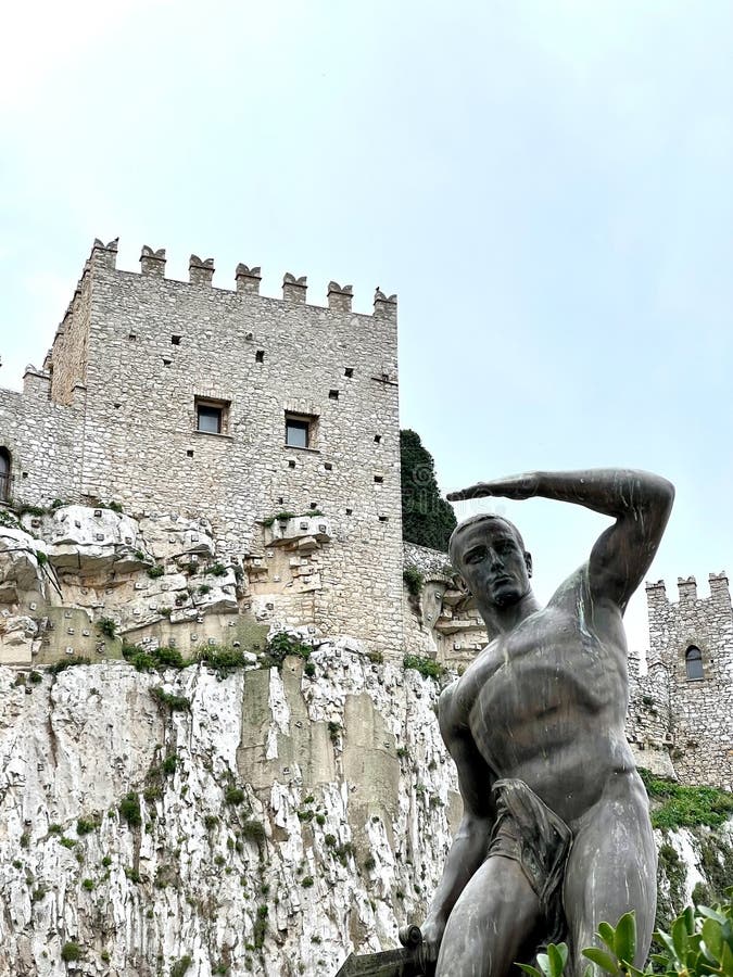 statue with castle of Caccamo, Palermo, Sicily, Italy. Art. statue with castle of Caccamo, Palermo, Sicily, Italy. Art