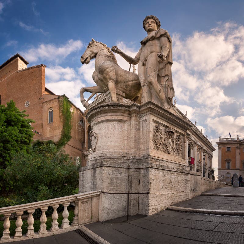 Statue of Castor at the Cordonata Stairs to the Piazza del Campidoglio Square at the Capitoline Hill, Rome, Italy stock image Statue of Castor at the Cordonata Stairs to the Piazza del Campidoglio Square at the Capitoline Hill, Rome, Italy stock image