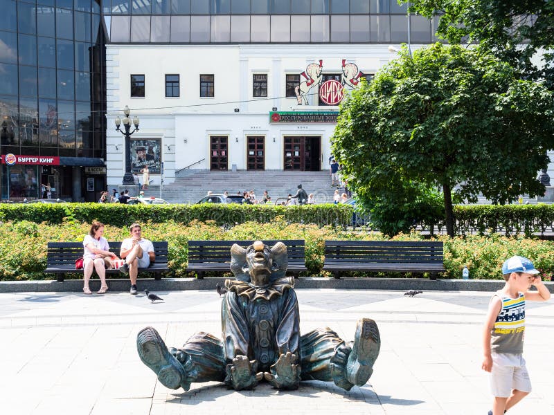 Moscow, Russia - 11 July 2021: statue of clown on Tsvetnoy Boulevard near building of Moscow Circus on Tsvetnoy Boulevard Nikulin`s Circus in Moscow city. Moscow, Russia - 11 July 2021: statue of clown on Tsvetnoy Boulevard near building of Moscow Circus on Tsvetnoy Boulevard Nikulin`s Circus in Moscow city