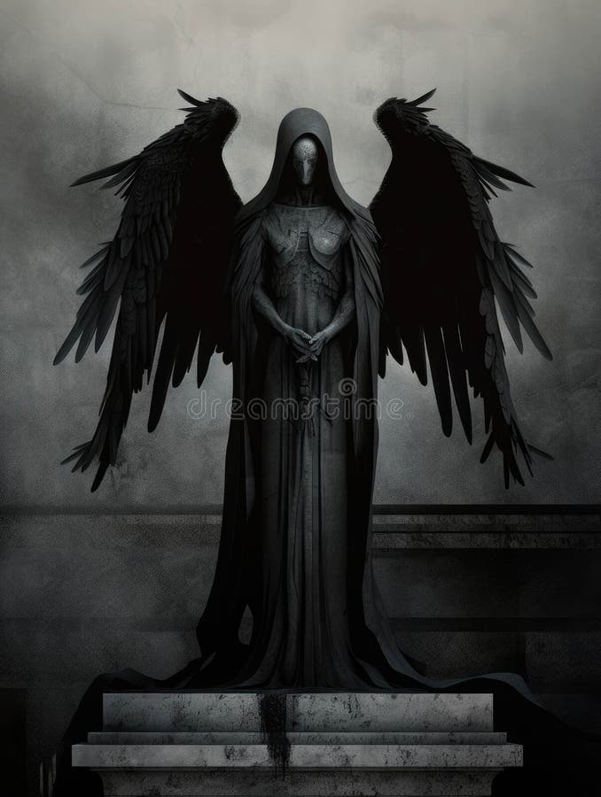 A statue of a dark angel standing sentinel in a bleak courtyard. Gothic art. AI generation