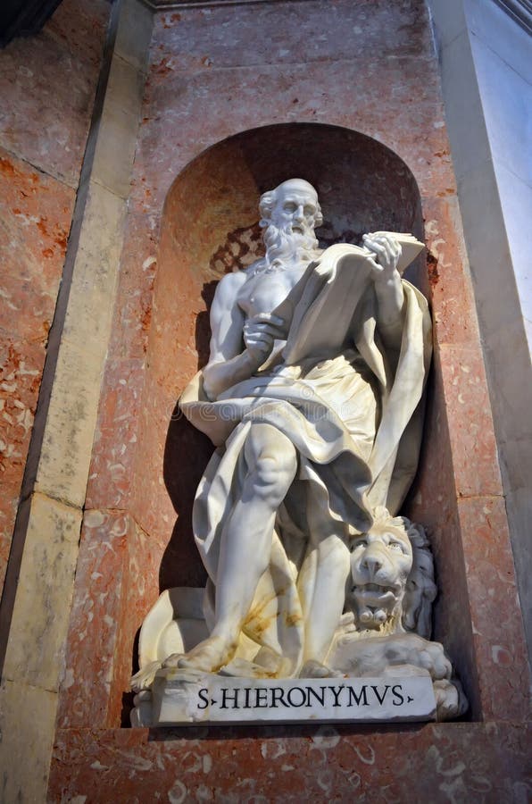 Statue of Saint Jerome Eusebius Sophronius Hieronymus inside of the the Basilica de Nossa Senhora e Santo Antonio de Mafra.The translator of the Bible into Latin. Statue of Saint Jerome Eusebius Sophronius Hieronymus inside of the the Basilica de Nossa Senhora e Santo Antonio de Mafra.The translator of the Bible into Latin