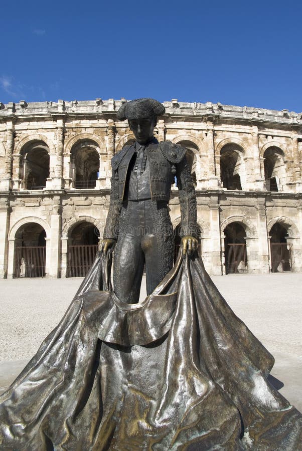 Statue of famous bullfighter in front of the arena in Nimes, France royalty free stock photos Statue of famous bullfighter in front of the arena in Nimes, France royalty free stock photos