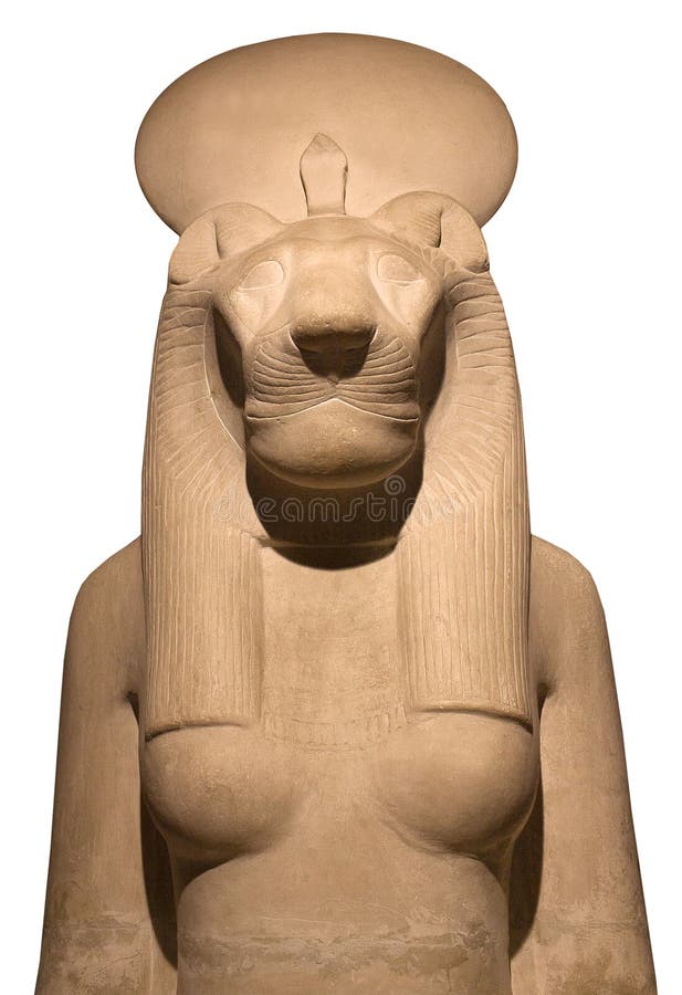 Statue of goddess Bastet, Bast or Sakhmet with lioness head and solar disk