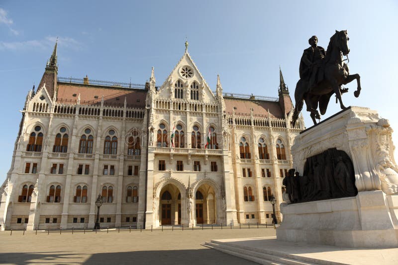 Statue of Gyula Andrassy and Parliament Building in Budapest, Hungari stock photos Statue of Gyula Andrassy and Parliament Building in Budapest, Hungari stock photos