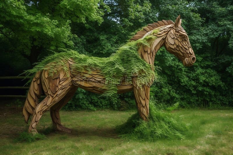 Statue of Horse in Garden Covered in Green Leaves Stock Illustration