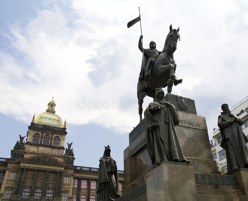 Statue of knight Saint Wenceslas in Prague and national museum wide view. Statue of Saint Wenceslas in Prague and national museum on the background. In center of royalty free stock image Statue of knight Saint Wenceslas in Prague and national museum wide view. Statue of Saint Wenceslas in Prague and national museum on the background. In center of royalty free stock image