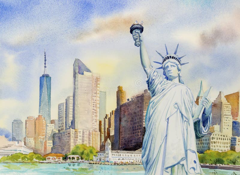 Statue Liberty in Manhattan urban. Watercolor painting