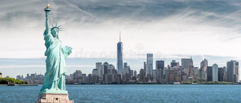 The Statue of Liberty with One World Trade Center background, Landmarks of New York City royalty free stock image The Statue of Liberty with One World Trade Center background, Landmarks of New York City royalty free stock image