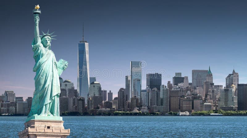 The Statue of Liberty with One World Trade Center background, Landmarks of New York City