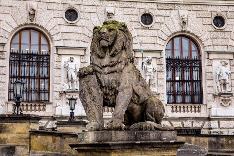 Statue of a Lion with a Shield at National Library, Vienna, Austria