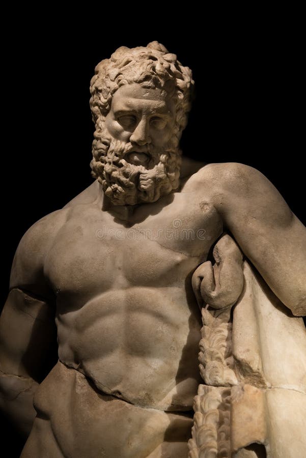 A Statue of Powerful Hercules, Closeup, Isolated in Black Stock Image