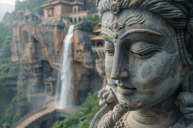 Statue Facing Waterfall in India royalty free stock image