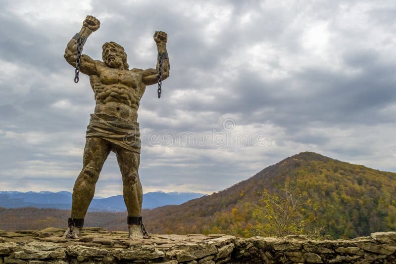 Statue of Unbound Prometheus with Broken Chain on the Eagle Rocks in Sochi