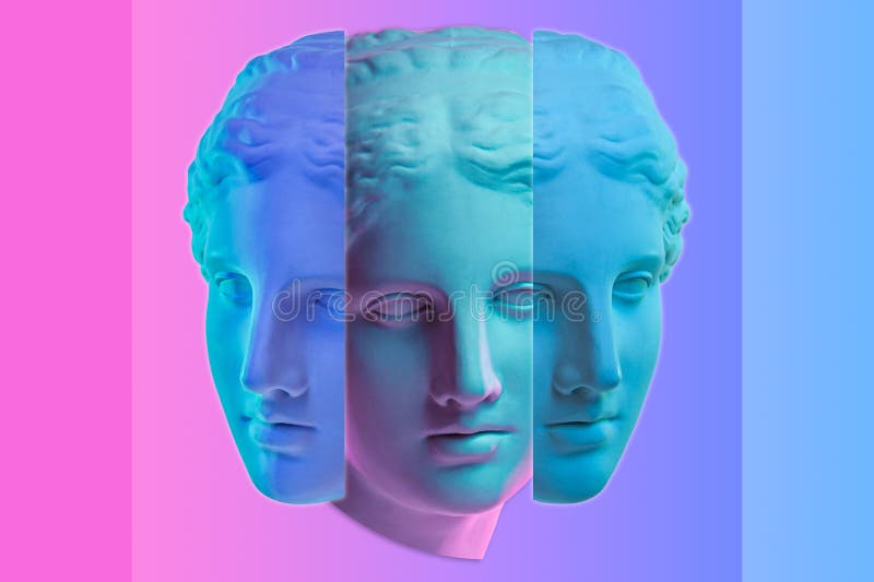 Statue of Venus de Milo. Creative concept colorful neon image with ancient greek sculpture Venus or Aphrodite head