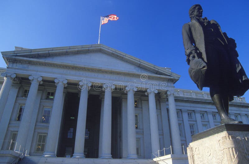 Statue von Alexander Hamilton vor der Abteilung Vereinigter Staaten von Fiskus, Washington, D C