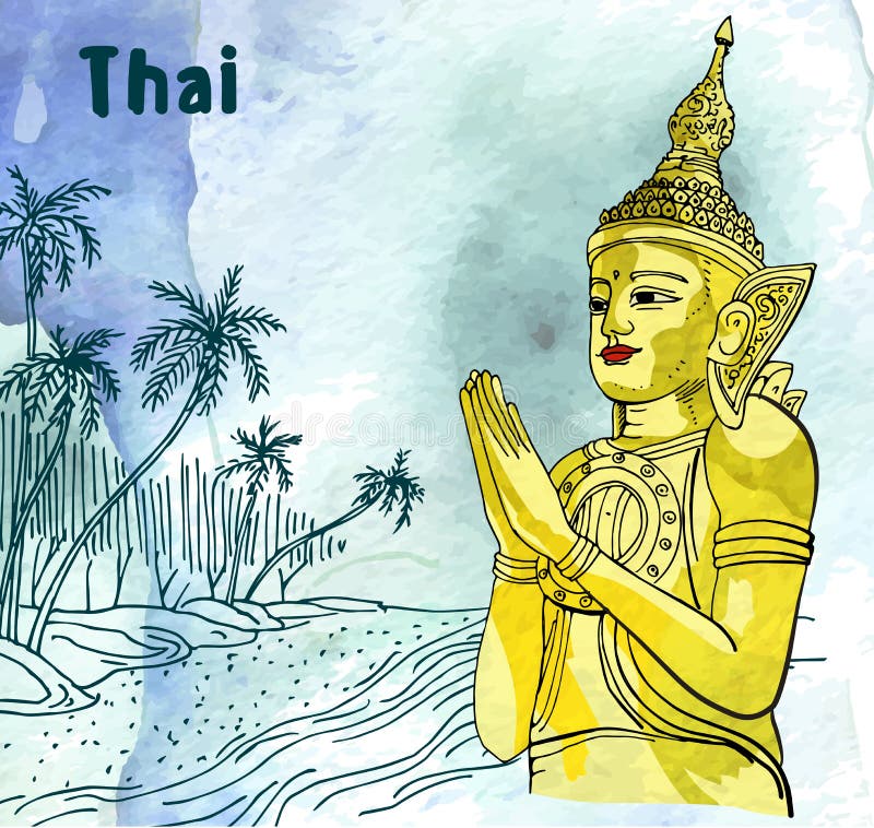 Statuen-Buddha-Meditation im Nirwana, thailändisches angeredet Palmen- und Ozeanstrandaquarellhintergrund lizenzfreie abbildung Statuen-Buddha-Meditation im Nirwana, thailändisches angeredet Palmen- und Ozeanstrandaquarellhintergrund lizenzfreie abbildung