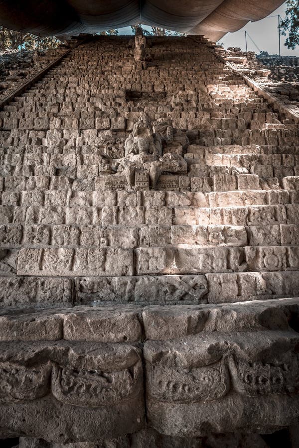 Statues on the Stairs of the Mayan Ruins in Honduras Stock Photo