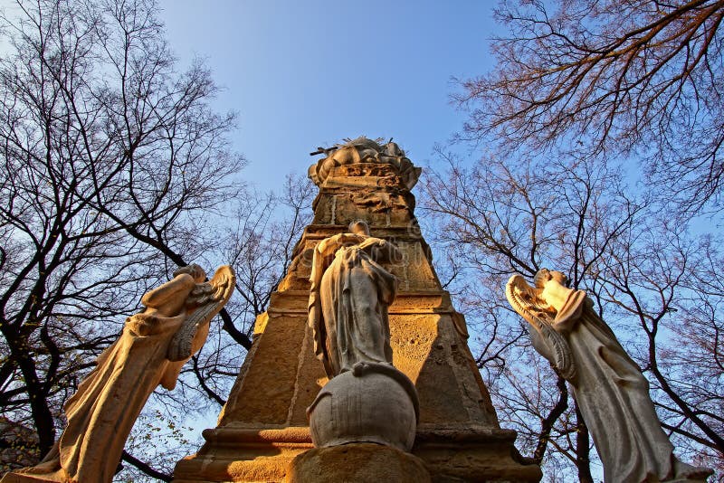 Statuettes on monument at town square in Subotica,Serbia