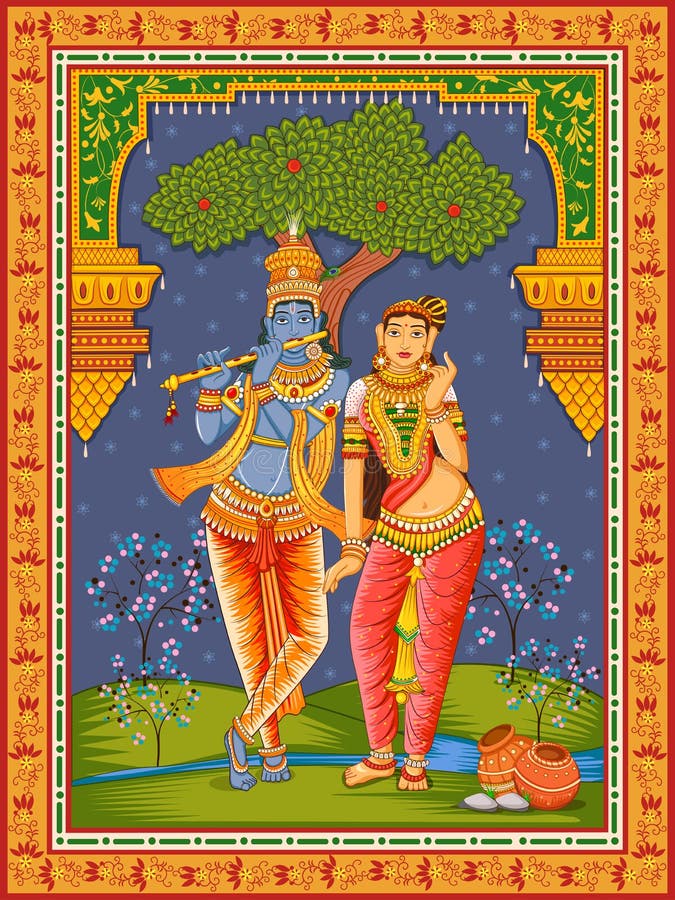Staty av den indiska guden Radha och Krishna med blom- rambakgrund för tappning