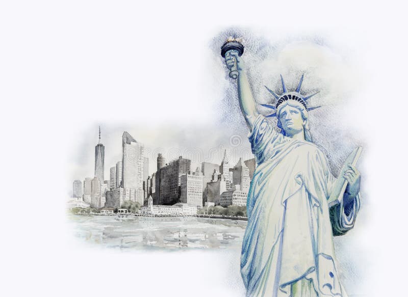 Statyfrihet i stads- Manhattan för Adobekorrigeringar hög för målning för photoshop för kvalitet för bildläsning vattenfärg mycke royaltyfri illustrationer Statyfrihet i stads- Manhattan för Adobekorrigeringar hög för målning för photoshop för kvalitet för bildläsning vattenfärg mycke royaltyfri illustrationer
