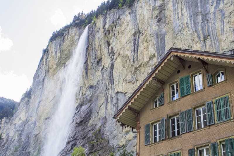 Staunbach Falls in Lauterbrunnen. Waterfall in the Alps. Swiss Alps. Alpine