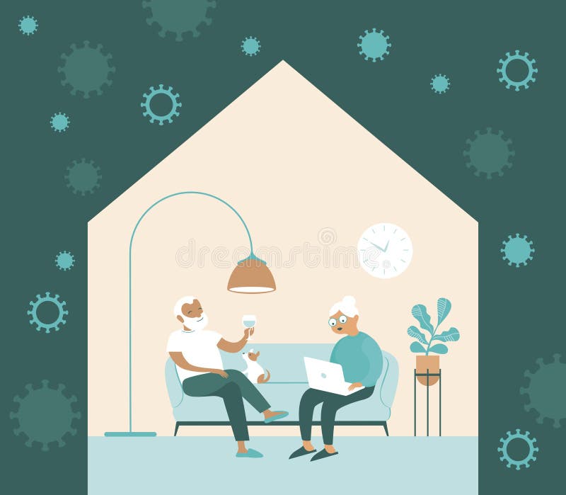 STAY HOME concept. Coronavirus covid-19 self isolation. Elderly senior couple inside the house. Old Man drinking wine and old lady browsing internet on laptop. Flat cartoon vector illustration