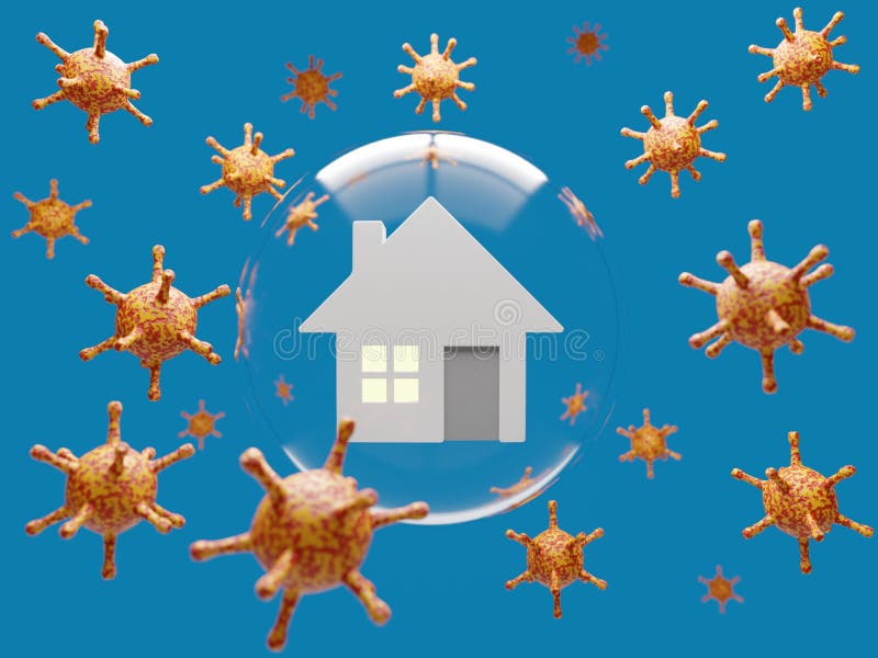 Stay Home conceptual image. House protected against coronavirus by a soap bubble on blue background royalty free illustration