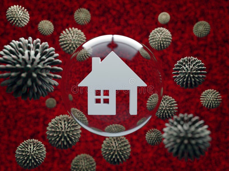 Stay Home conceptual image. House protected against coronavirus by a soap bubble stock illustration