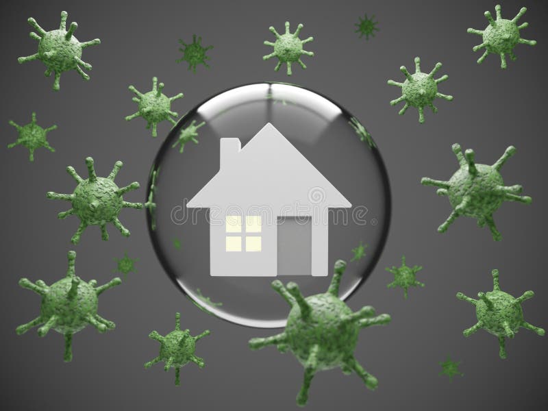 Stay Home conceptual image. House protected against coronavirus by a soap bubble on dark background stock illustration