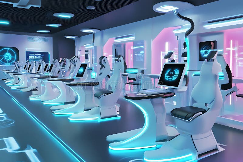 Stazione di gioco futuristica con Neon Lights e sedie bianche illustrazione di stock