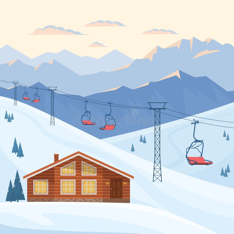 Stazione sciistica con seggiovia, la casa, il chalet, la sera della montagna di inverno ed il paesaggio rossi di mattina, neve illustrazione vettoriale Stazione sciistica con seggiovia, la casa, il chalet, la sera della montagna di inverno ed il paesaggio rossi di mattina, neve illustrazione vettoriale