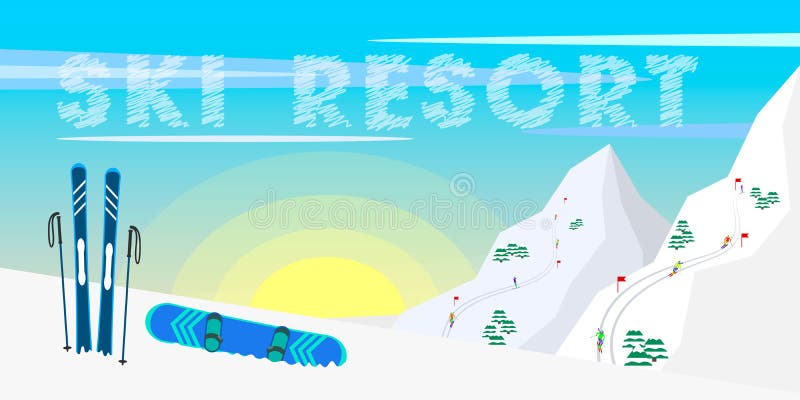 Stazione sciistica di progettazione dell'insegna di web di inverno, attrezzature dello sci, abeti, montagne e fondo del sole illustrazione vettoriale Stazione sciistica di progettazione dell'insegna di web di inverno, attrezzature dello sci, abeti, montagne e fondo del sole illustrazione vettoriale