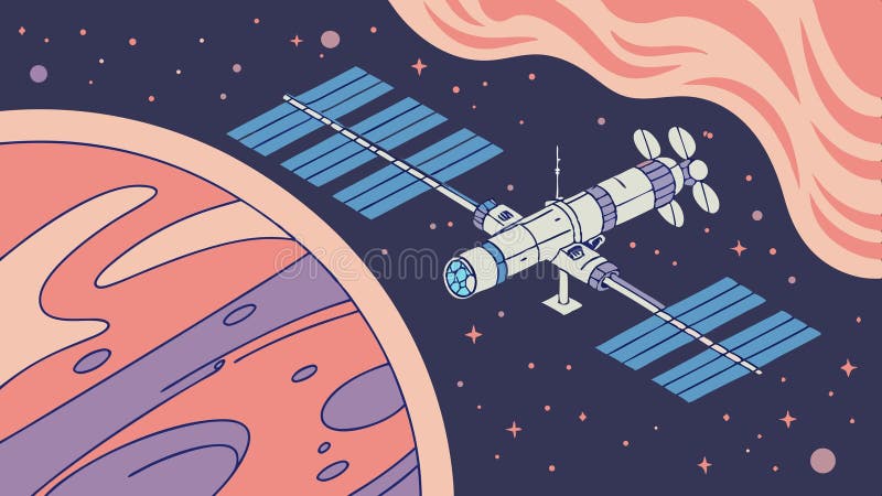 Stazione spaziale in orbita tecnologia futuristica progettazione vettoriale Generative AI royalty illustrazione gratis