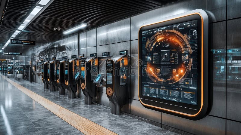 Stație de metrou futuristă cu ecrane tactile digitale și tehnologie modernă elegantă în mediul de tranzit urban stock illustration