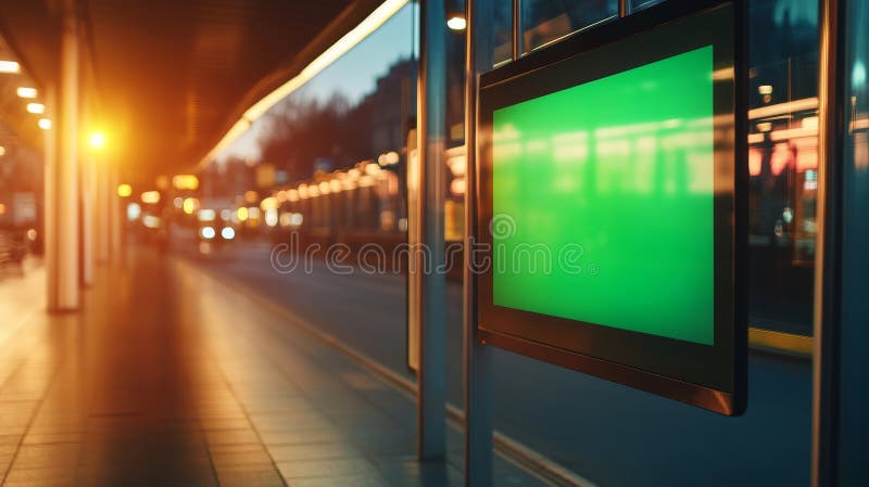 Stație de tranzit futurist cu ecran digital vertical luminat care afișează cheia verde pentru cromari în mediul urban nocturn royalty free stock photo