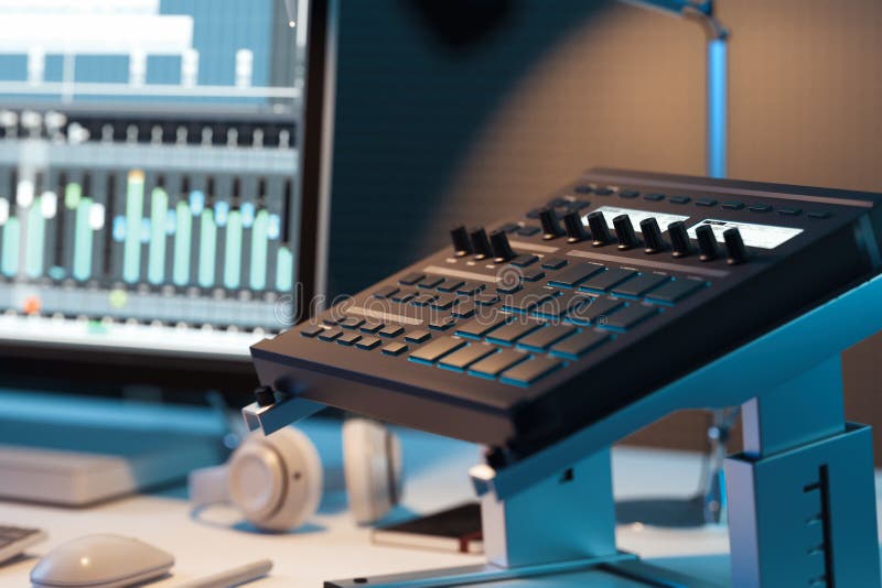 Stație informatică studio. consolă de amestecare audio profesională 3d redare. royalty free stock photos