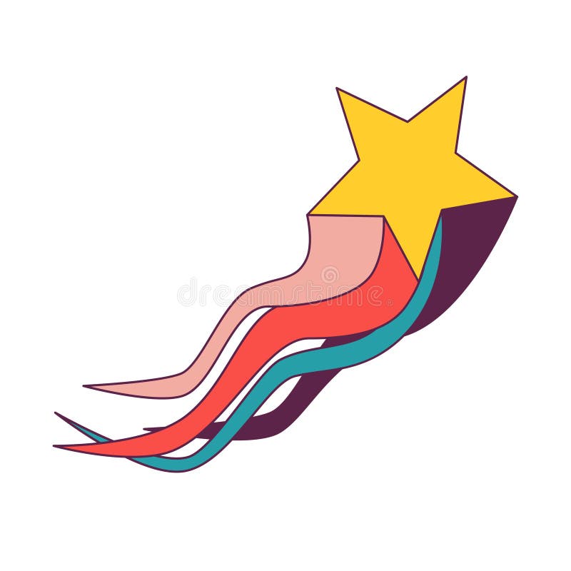 Stea căzătoare cu coadă curcubeu 1970 abțibild retro psihedelic. sigla stea căzătoare, ondulată. element trippy de tip vintage pen stock illustration