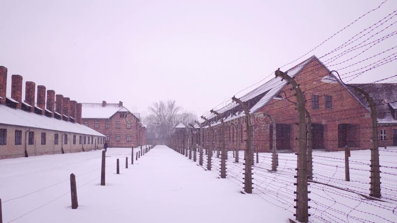 Steadicam shot of old rusty barbed wire fences and concentration camp buildings. Brick barracks and lonely man in