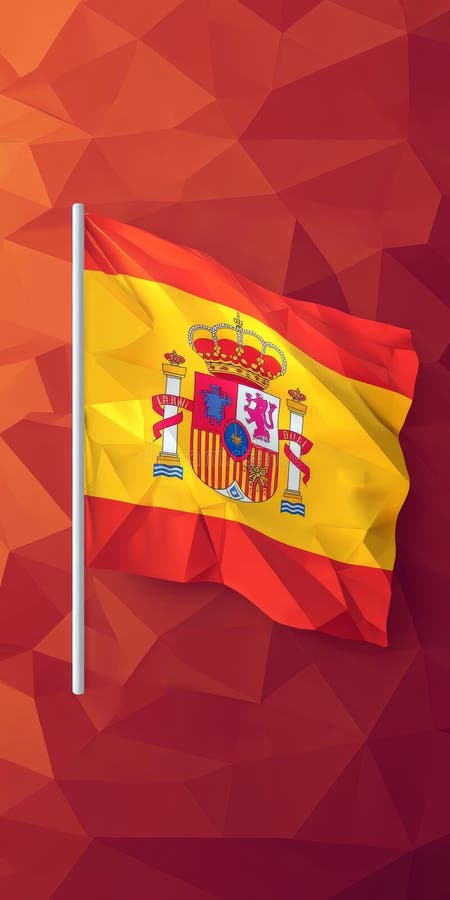 Steagul Spaniei cu culori roșii și galbene fluturând vibrant pe un fundal geometric minimalist roșu royalty free illustration