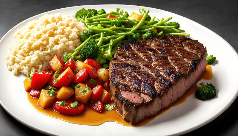 Steak with Broccoli and Rice on a Plate Stock Image - Image of plate