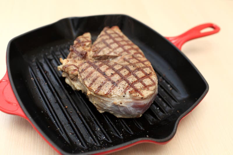 Steak on Castiron Grill Pan Stock Photo Image of dishware, brown