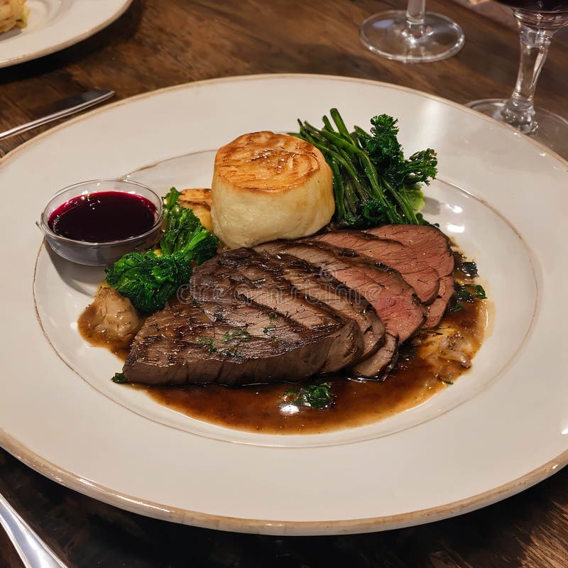 Steak Dinner mit Wein auf rustikalem Holztisch vektor abbildung