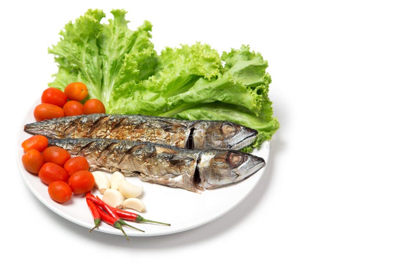 Steak fish mackerel grilled Saba and ingredient side dish isolated on white