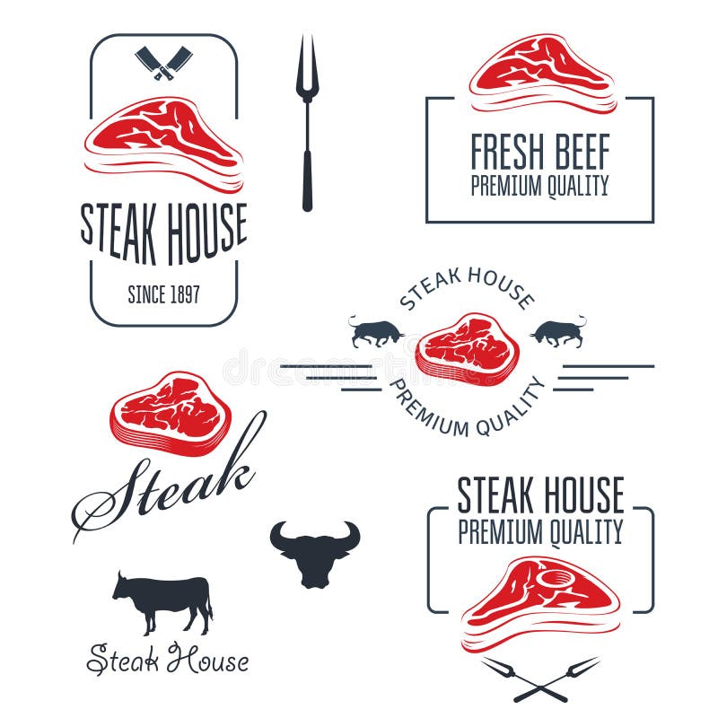 Steak House or Butchery Meat Store Labels and Emblems Stock Vector