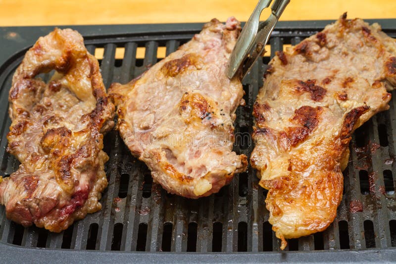 Steak Meat Grilling on Electric Barbecue Grill Stock Image Image of