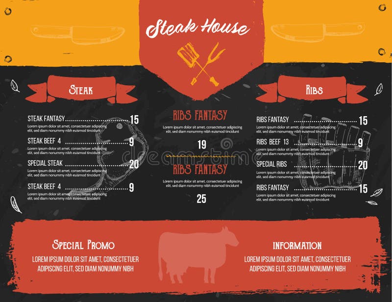 Steak menu design. BBQ grill poster with sketch icons. Barbecue cafe design on chalkboard vector illustration Steak menu design. BBQ grill poster with sketch icons. Barbecue cafe design on chalkboard vector illustration