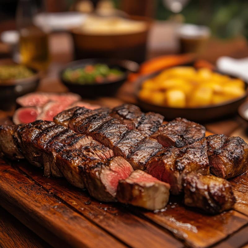 Steak mit gegrilltem Picanha Steak mit Seitenteilen auf rustikalem Holzbrett Abschlussscheibe. Fruchtsaft gegrilltes Pikanha Steak mit karroter Kruste, begleitet von Beilagen auf einem rustikalen Holzbrett, das eine optisch ansprechende Schließung bietet