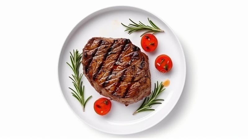 Steak in Scheiben gegrillt mit Saucen Tomaten und Rosemar auf weißem Hintergrund Generative ai lizenzfreie abbildung
