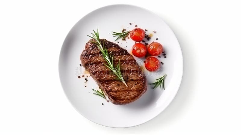 Steak in Scheiben gegrillt mit Saucen Tomaten und Rosemar auf weißem Hintergrund Generative ai lizenzfreie abbildung